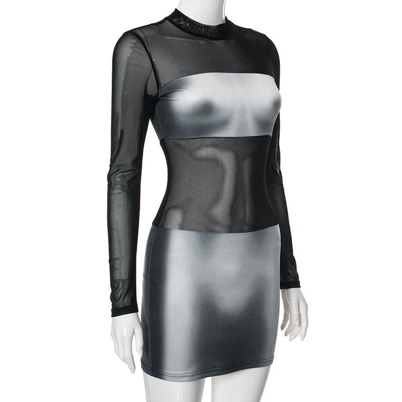 Body print mesh patchwork long sleeve contrast mini dress - View 3