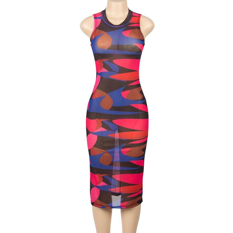 Sleeveless sheer mesh see through contrast print midi dress - View 2