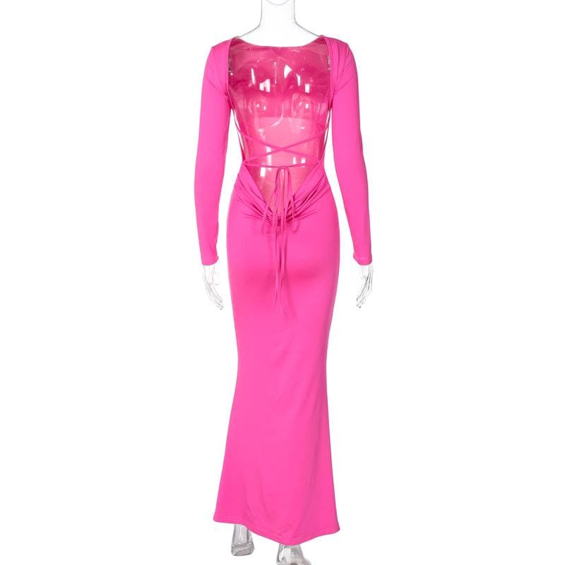 Long sleeve backless lace up ruched solid maxi dress - View 7