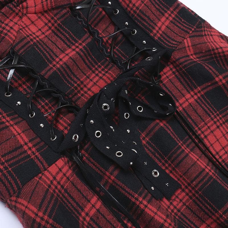 Zip-up lace hem lace up plaid backless mini dress - View 5