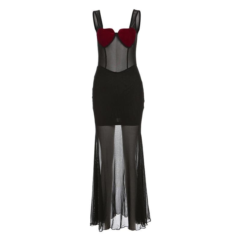 Heart patchwork mesh contrast sleeveless backless maxi dress - View 8