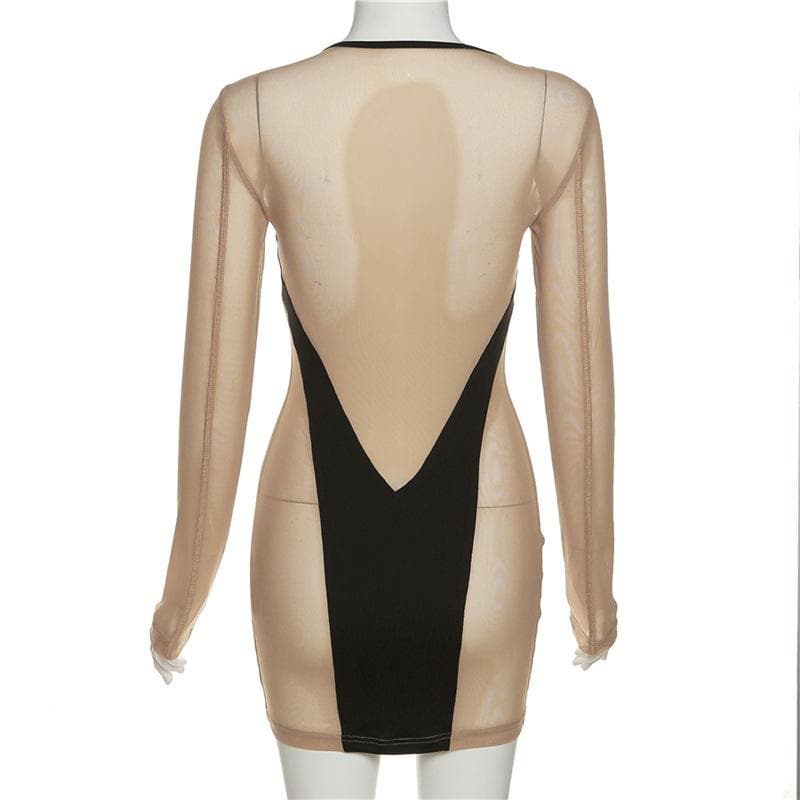 Long sleeve round neck contrast mesh patchwork mini dress - View 4