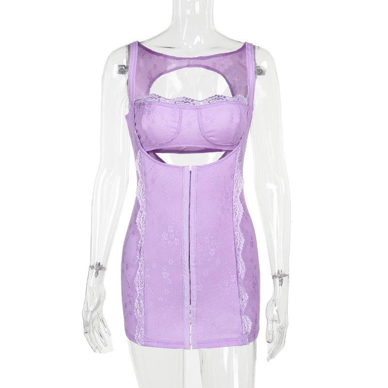 Square neck lace backless hollow out button solid cami mini dress - View 3