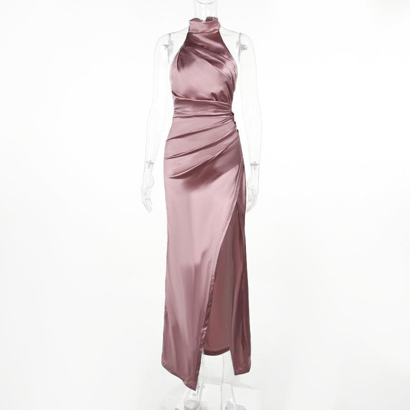 Ruched solid satin zip-up halter backless slit maxi dress - View 2