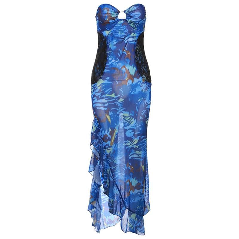 Mesh see through hollow out o ring contrast print ruffle maxi dress - View 2