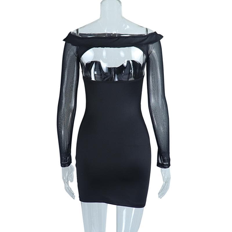 Off shoulder mesh solid hollow out long sleeve mini dress - View 3