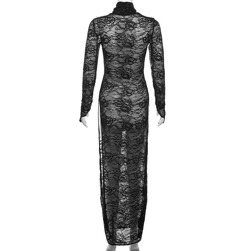 Lace long sleeve turtle neck see through slit gloves maxi dress - View 4