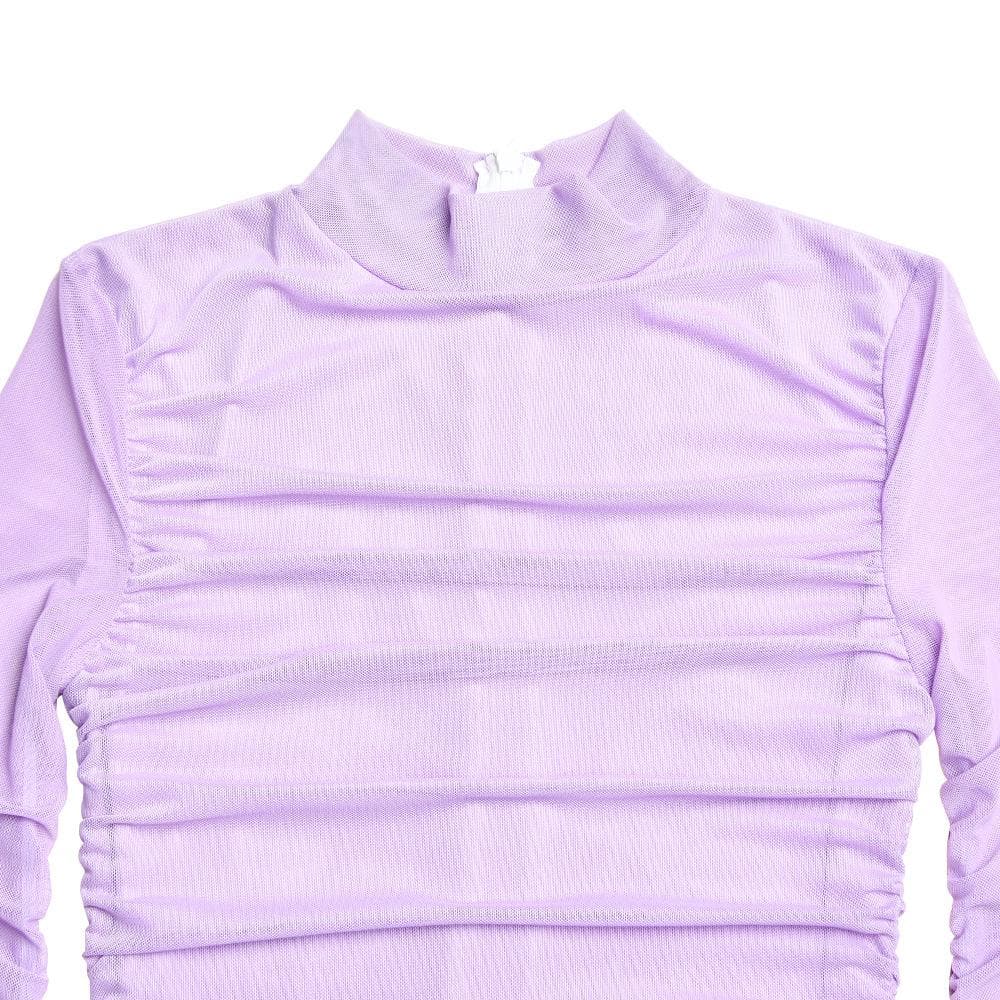 Mesh ruched zip-up long sleeve solid high neck mini dress - View 9