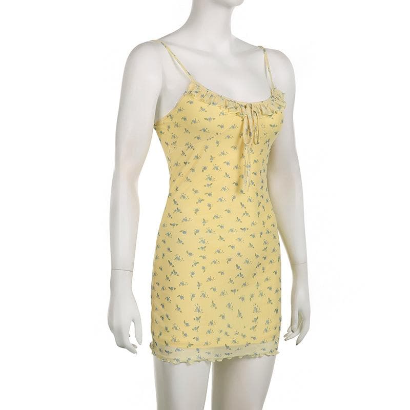 Mesh Floral Print Spaghetti Strap Ruffle Tie Front Bodycon Mini Dress - View 3