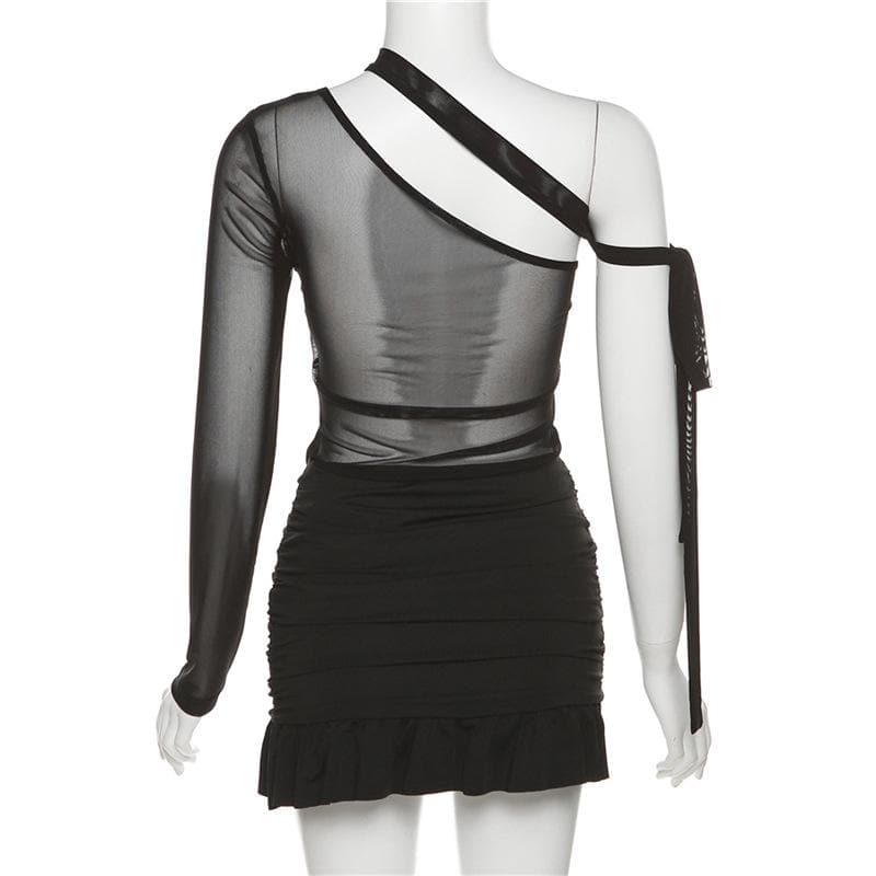 Ruffle contrast buckle one shoulder irregular ruched mesh mini dress - View 4