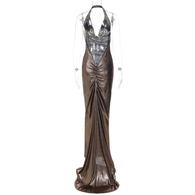 Metallic Cowl Neck Ruched Halter Backless Maxi Dress - View 11
