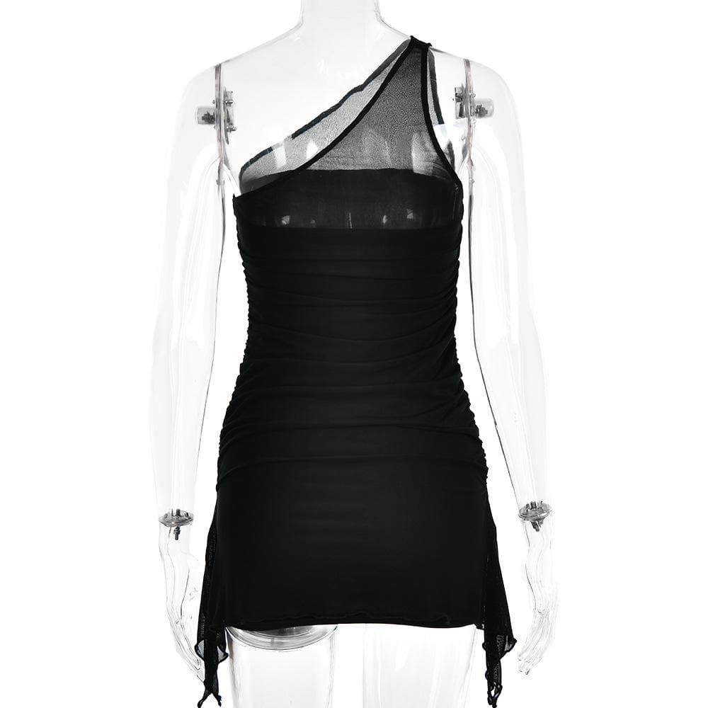 Solid one shoulder mesh patchwork ruffle ruched zip-up mini dress - View 5