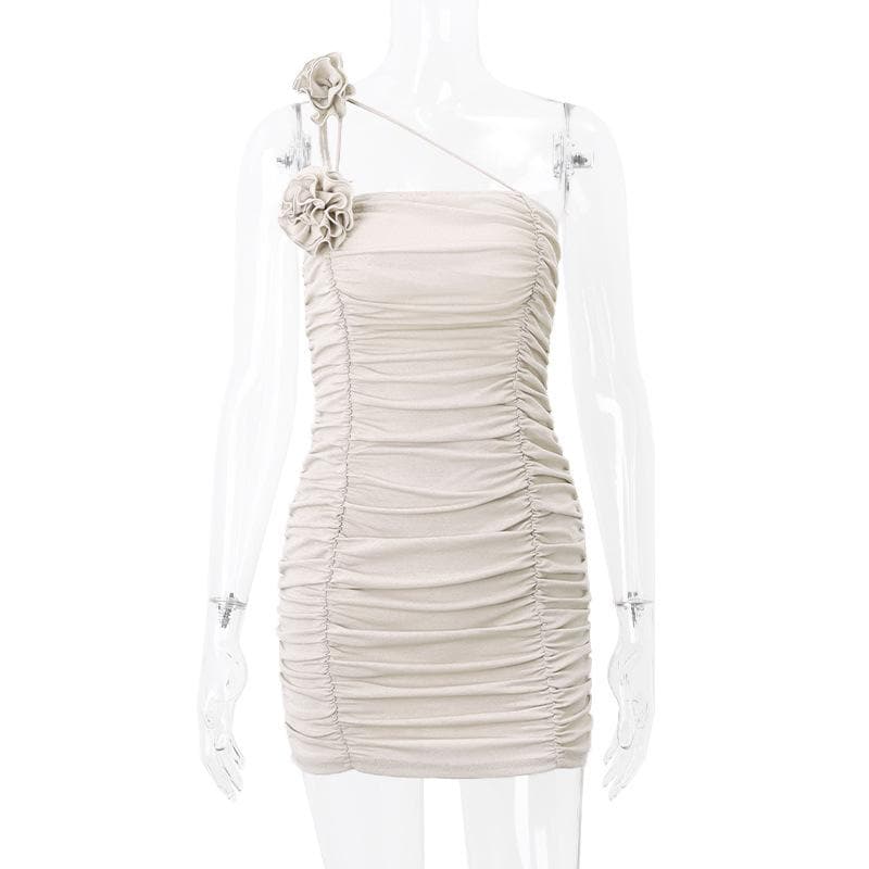 One Shoulder Flower Applique Ruched Bodycon Mini Dress - View 8