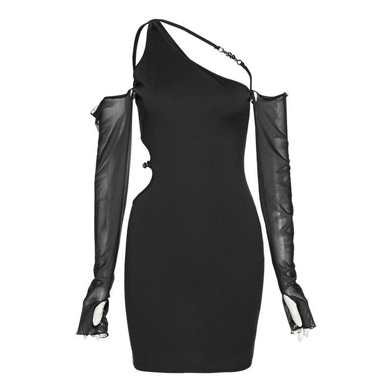 Long mesh sleeve off shoulder hollow out irregular dress - View 2