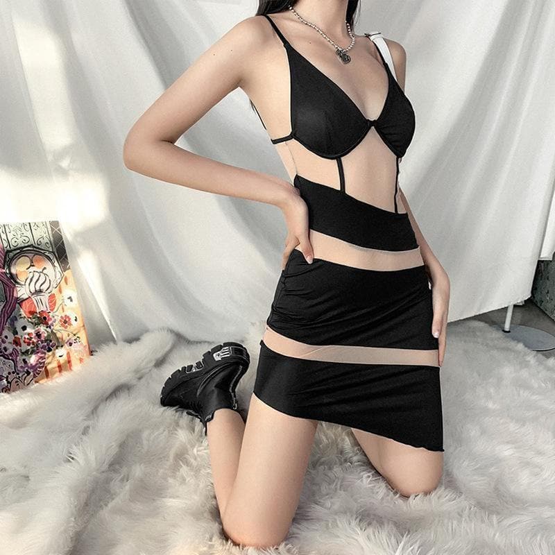 Spaghetti Strap Deep V-Neck Mesh Cut Out Bodycon Mini Dress - View 4