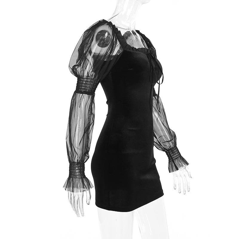 Velvet long puff sleeve ruffle mesh ruched square neck mini dress - View 8