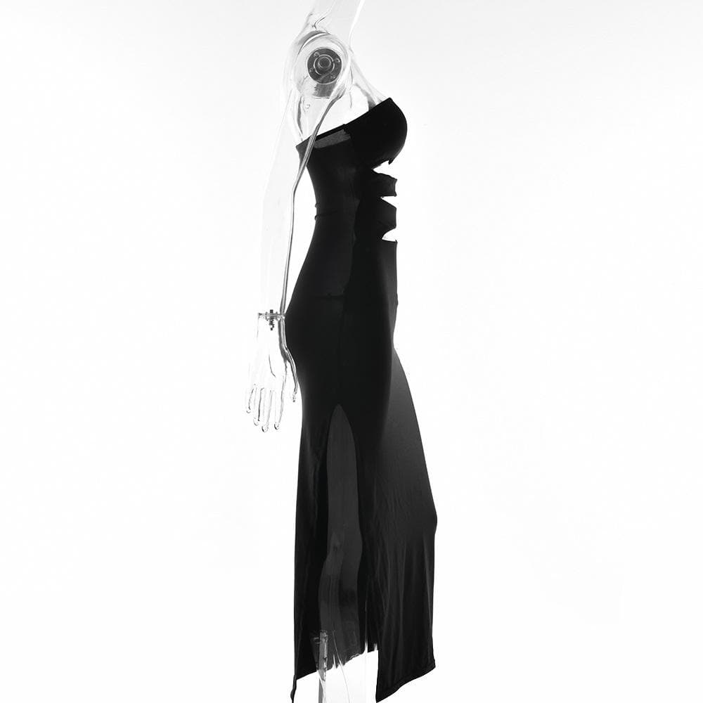 Hollow out mesh solid slit sleeveless one shoulder midi dress - View 2