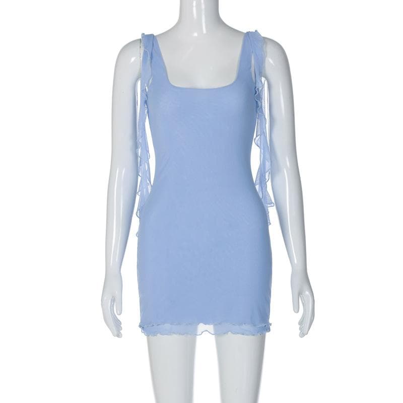 Square neck sheer mesh backless ruffle ribbon solid mini dress - View 7