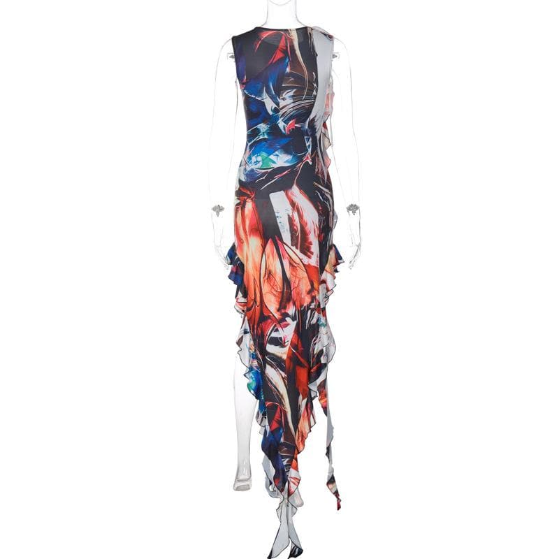 Abstract Print 3D Flower Applique Side Ruffle Sleeveless Maxi Dress - View 5