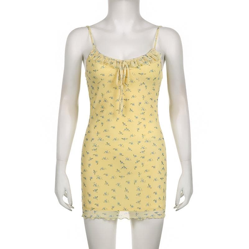 Mesh Floral Print Spaghetti Strap Ruffle Tie Front Bodycon Mini Dress - View 8