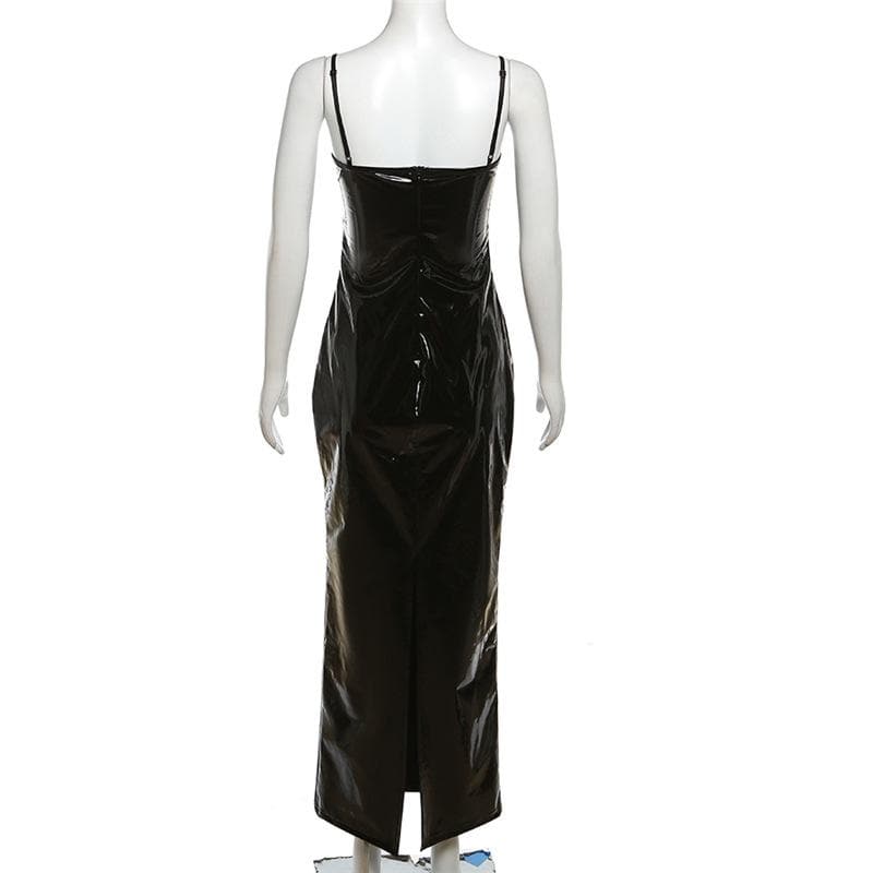 Mesh patchwork contrast PU leather low cut slit maxi dress - View 3