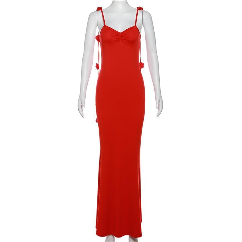 Flower applique backless solid v neck ribbon cami maxi dress - View 8
