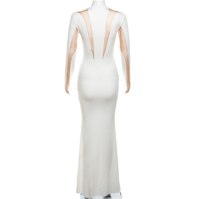 Crewneck long sleeve mesh patchwork maxi dress - View 7