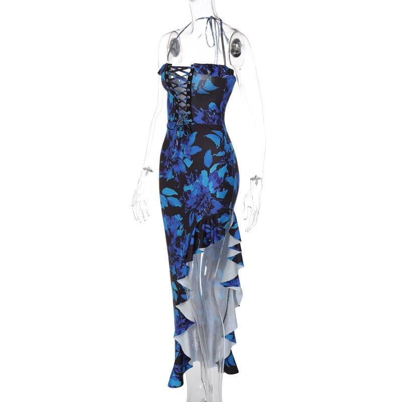 Floral Halter Neck Lace Up Ruffle High Low Maxi Dress - View 7