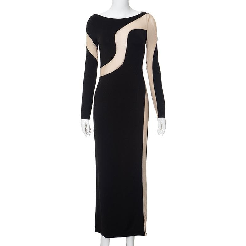 Mesh patchwork contrast irregular long sleeve maxi dress - View 2