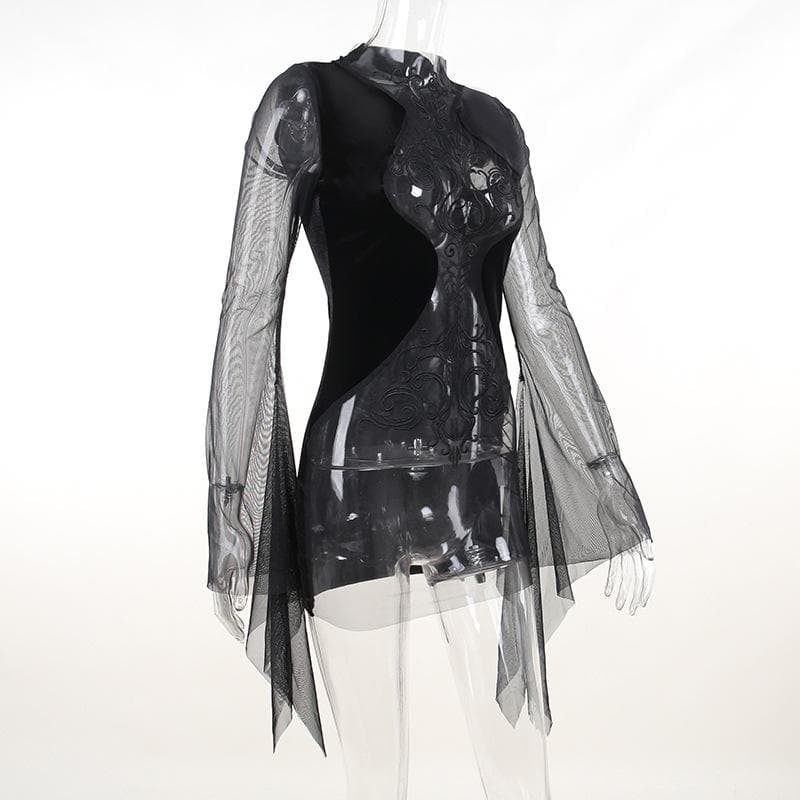 Mesh crewneck long sleeve see through embroidery mini dress - View 4