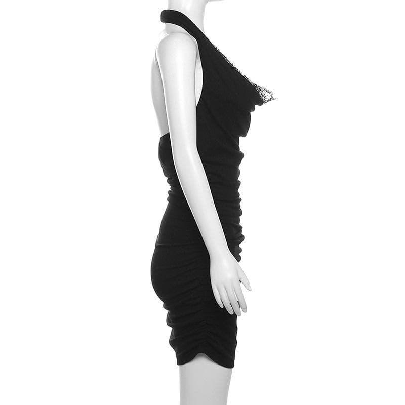 Lace Trim Cowl Neck Ruched Bodycon Mini Dress - View 4
