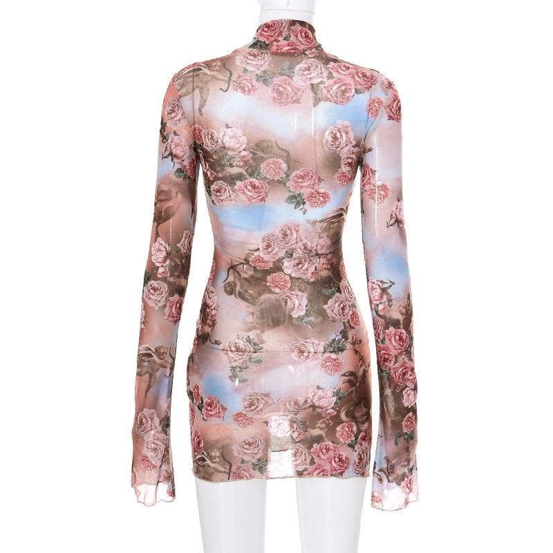 Floral Mesh High Neck Long Sleeve Sheer Bodycon Mini Dress - View 5