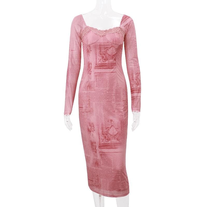 Lace up long sleeve lace hem zip-up midi dress - View 2