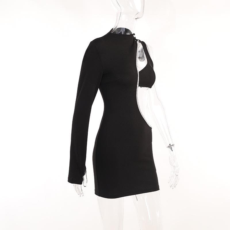 Beaded irregular button gloves hollow out long sleeve mini dress - View 7