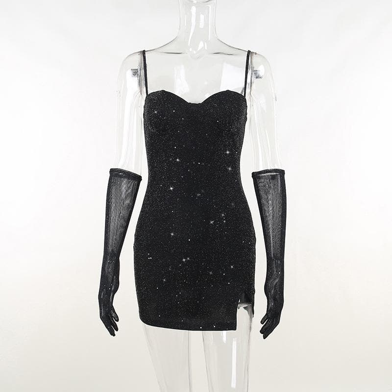Gloves solid beaded slit sweetheart neck cami mini dress - View 2
