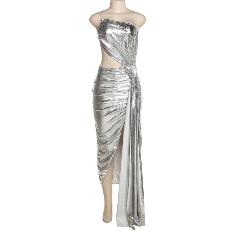 Metallic one shoulder irregular backless maxi dress - View 2