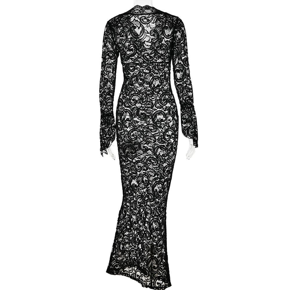 Lace see through long sleeve v neck solid maxi dress - View 7