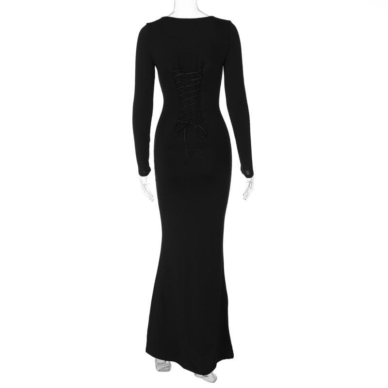 Lace up solid long sleeve square neck maxi dress - View 3