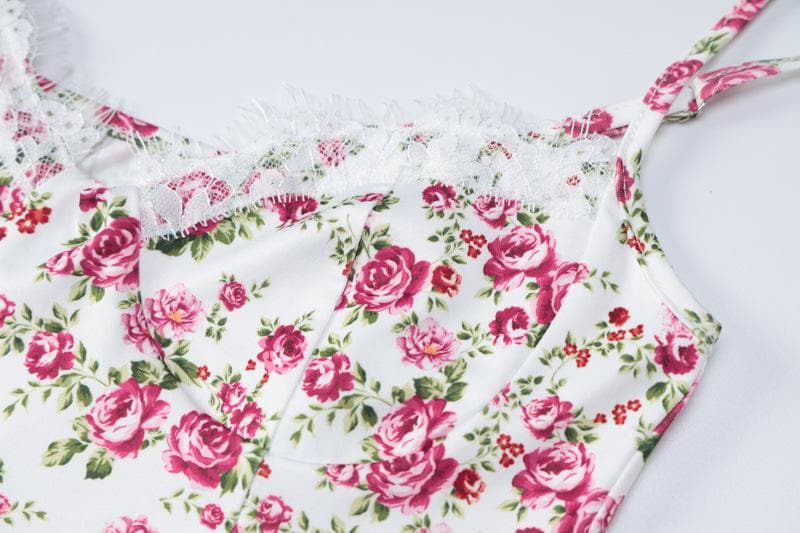 Floral Print Sweetheart Lace Trim High Split Slip Maxi Dress - View 6