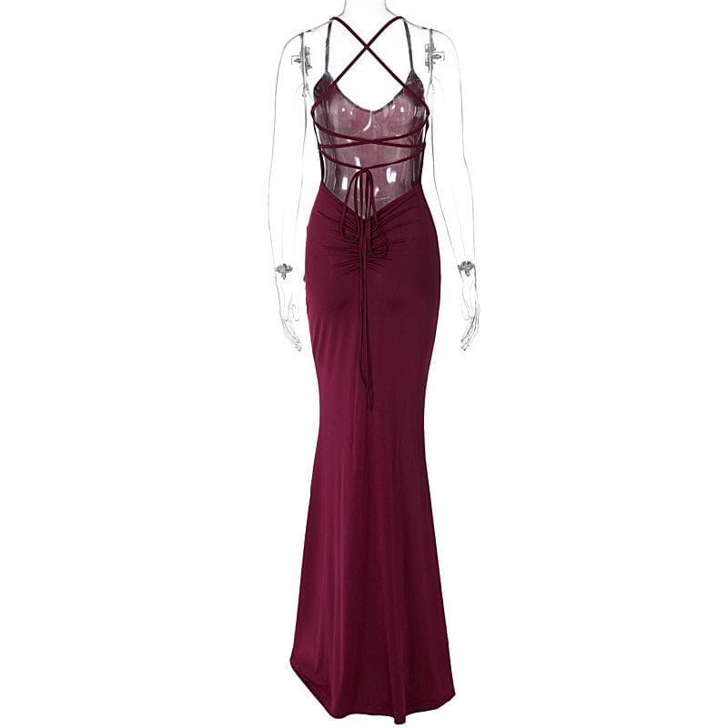 Ruched solid backless cross back v neck lace up maxi dress - View 3