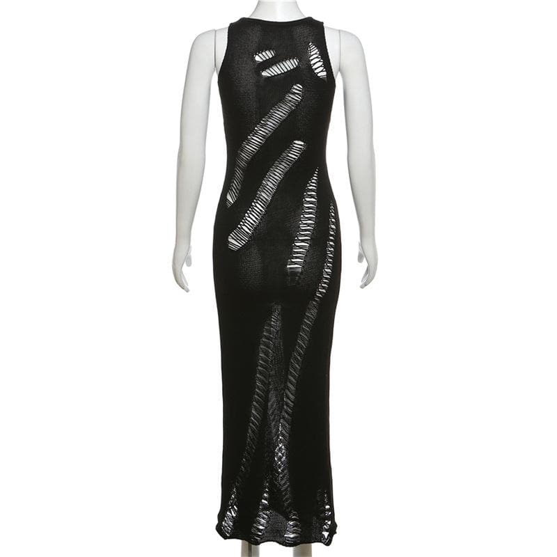 Knit Ladder Cut Out Sleeveless Crew Neck Bodycon Maxi Dress - View 4