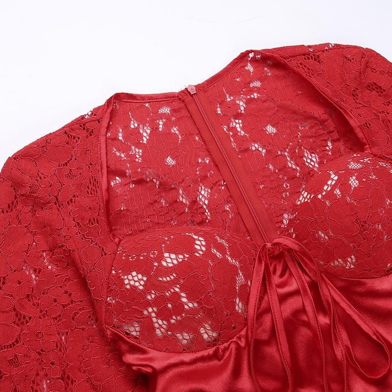 Lace zip-up long sleeve patchwork padded mini dress - View 5