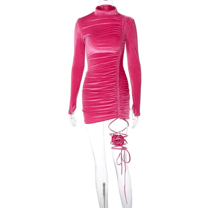 Velvet High Neck Long Sleeve Ruched Rosette Bodycon Mini Dress - View 2