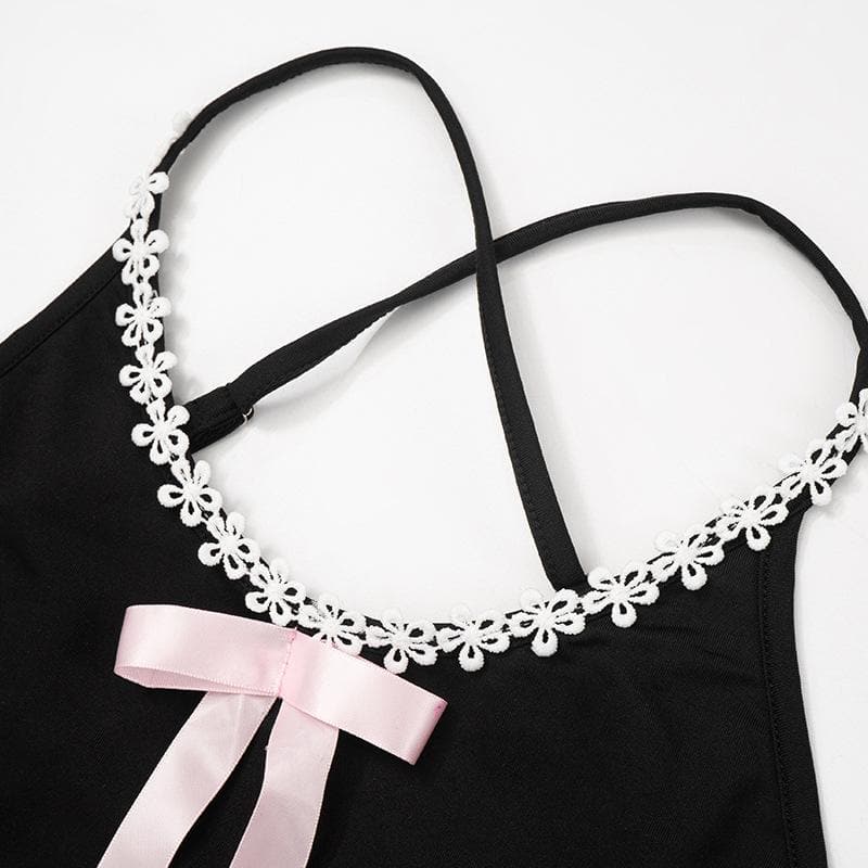 Bowknot ribbon lace hem u neck cross back backless cami mini dress - View 5