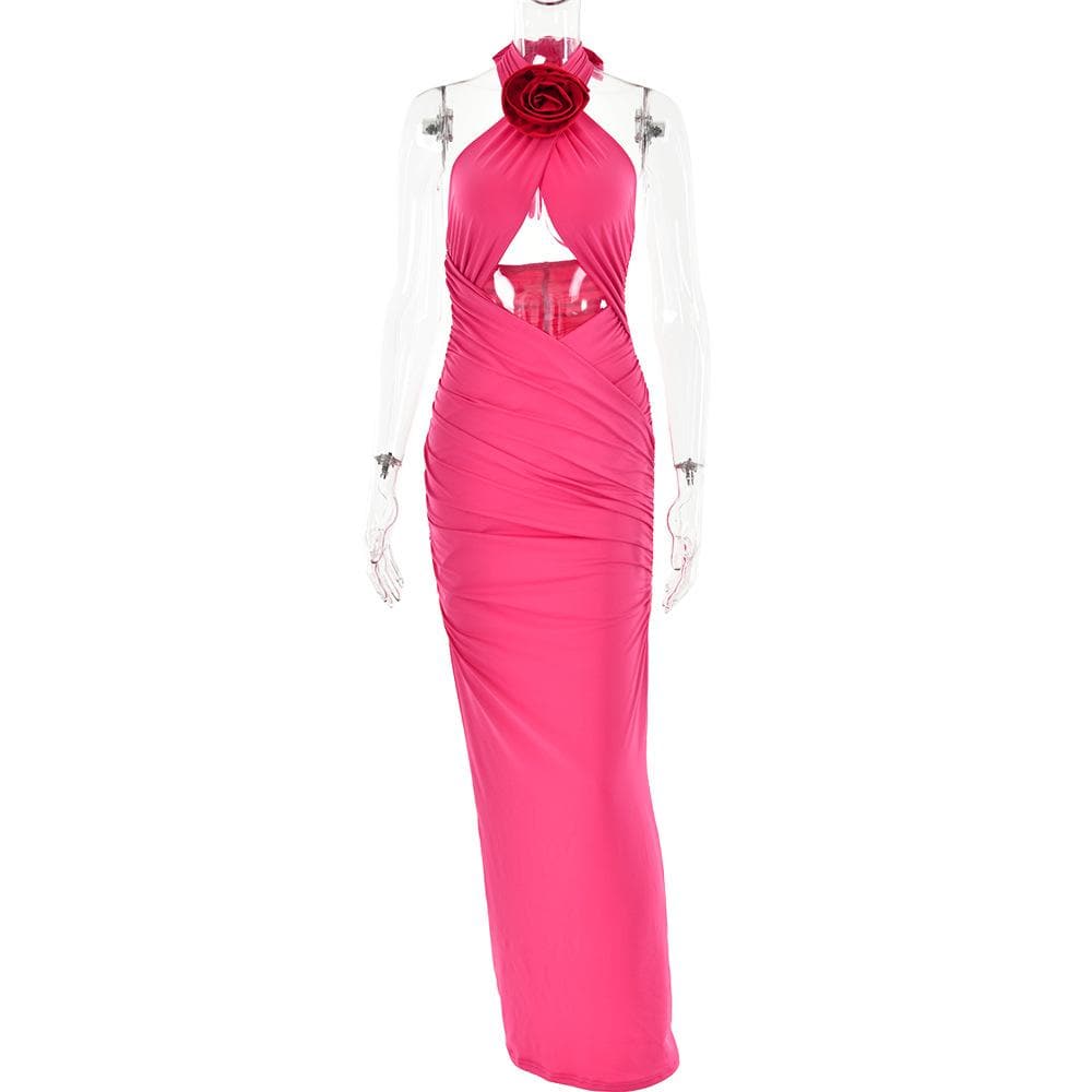 Halter Neck Flower Applique Cut Out Ruched Bodycon Maxi Dress - View 4