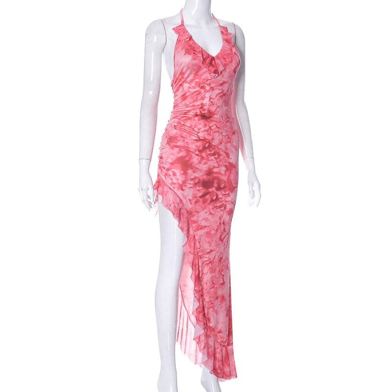 Mesh tie dye irregular contrast halter backless ruched maxi dress - View 3