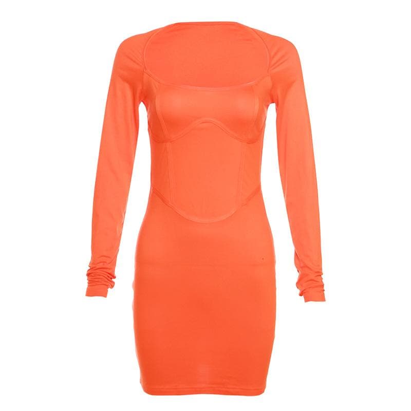 Square Neck Long Sleeve Corset Bodycon Mini Dress - View 2