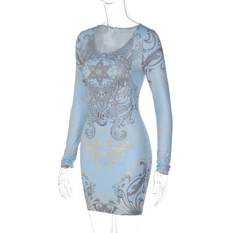 Beaded long sleeve u neck abstract contrast mini dress - View 4