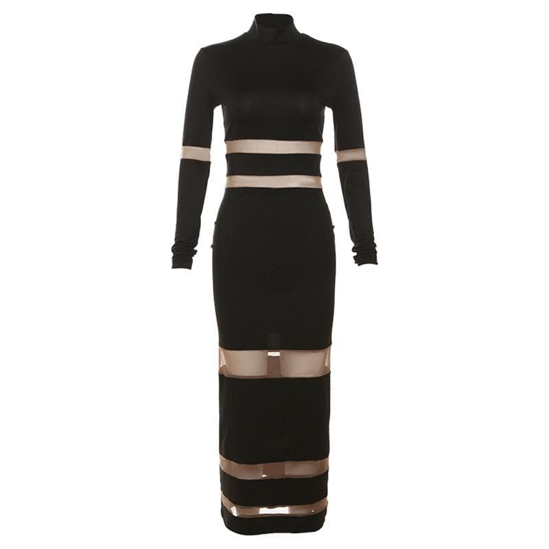 Patchwork mesh contrast long sleeve high neck maxi dress - View 2