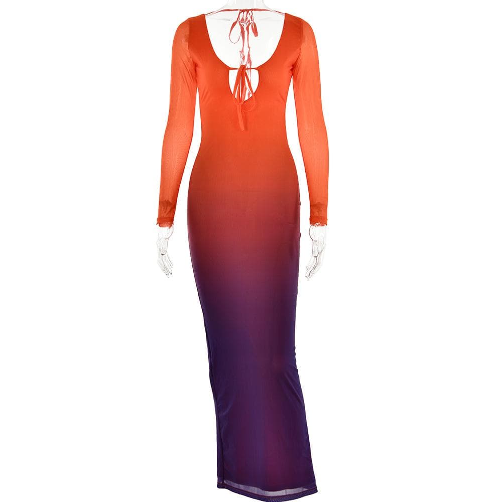 Mesh gradient long sleeve self tie backless slit maxi dress - View 3